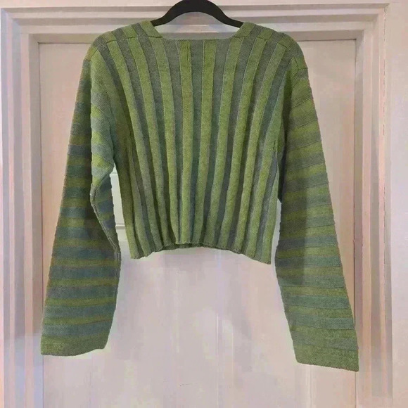 BDG Urban Outfitters V-Neck Striped Ribbed Knit Cropped Sweater Green Size Large - Picture 2 of 8